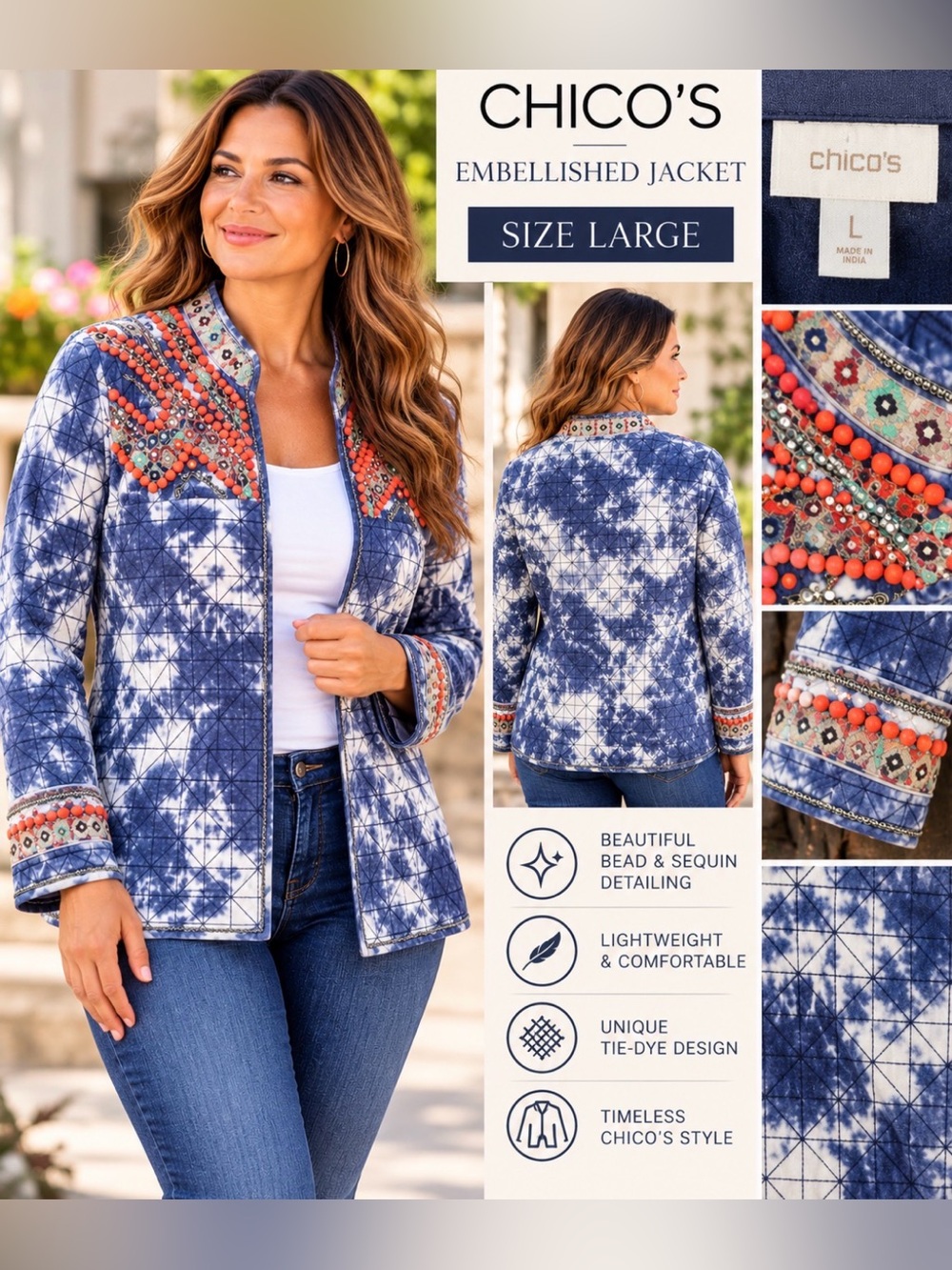 Chico's Blue Tie-Dye Quilted Jacket with Coral Embroidery and beads size 2 large
